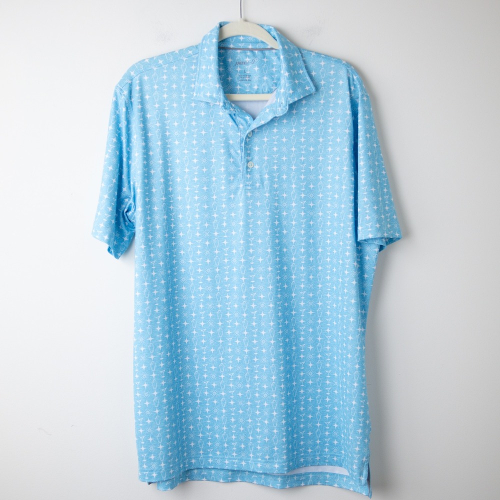 Johnnie-O Shaker Polo Shirt Mens L Blue Martini Cocktail Novelty Print Golf